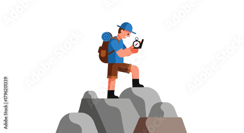 Adventurer Using Compass On Mountain Peak In Search Of The Right Direction