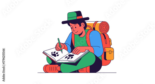 Adventurer Illustrating Paw Prints While Journaling and Backpacking Illustration