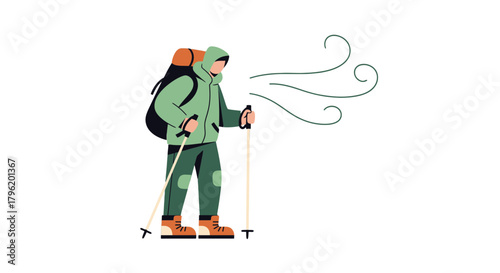 Adventurer In Cold Climate Trekking Through A Scenic, Windy Landscape, Exploration