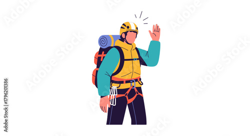 Adventurer In Protective Gear Waving While Preparing For Outdoor Mountain Climbing Adventure