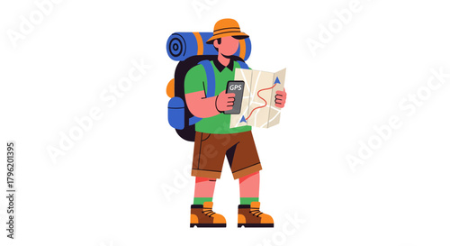 Adventurer Using Gps And Map For Navigation Through Outdoors Exploration Activities