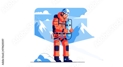 Adventurer In Robust Orange Garb Ventures Amidst Majestic Mountain Summits