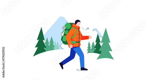 Adventurer Walking Through Mountainous Terrain Filled With Evergreen Trees and Nature