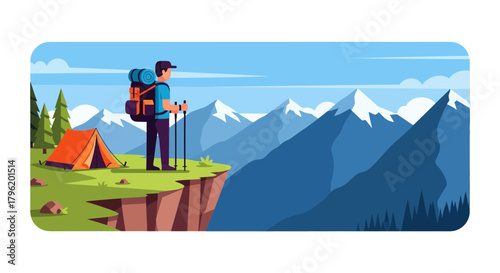 Adventurer Observing Majestic Mountains After Reaching The Summit For Stunning Views