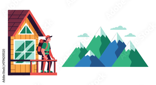 Adventurer Observing Majestic Mountains From Cabin Balcony Ready For Expedition