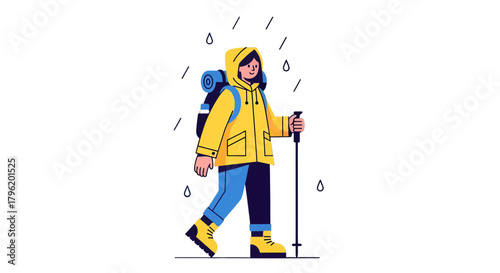 Adventurer Walking Through Rain: Outdoorsy Illustration Against Black Backdrop