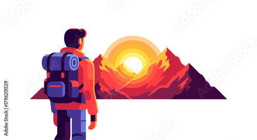 Adventurer Observing Majestic Mountains At Sunrise With A Stunning Visual Spectacle