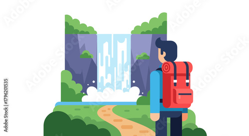 Adventurer Observing A Tranquil Waterfall In A Serene Natural Landscape Scene