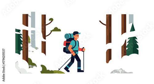 Adventurer Wandering Through Lush Forest with Backpack and Hiking Poles