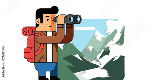 Adventurer Observing Mountain Range With Binoculars, Discovering New Horizons