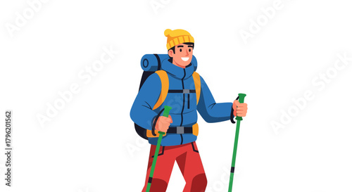 Adventurer With Backpack and Hiking Poles Illustrated Against A Black Background
