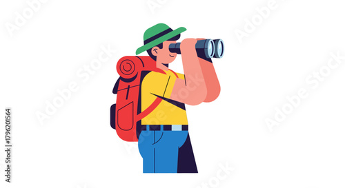 Adventurer Observing Nature With Binoculars, Searching For New Perspectives And Discoveries