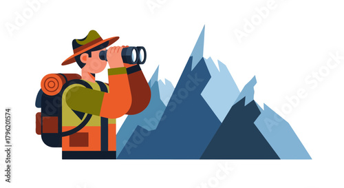 Adventurer Observing Mountains Through Binoculars, Exploring And Discovery On A Dark Background