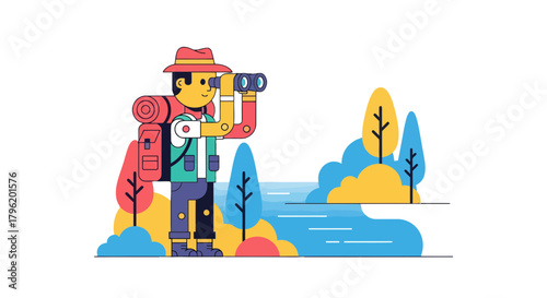 Adventurer Observing Scenic Landscape, Illustrated Style, Suitable for Travel Concepts