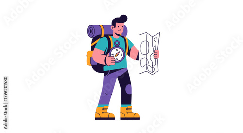 Adventurer With Backpack Navigating With Compass And A Map Against A Black Background