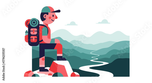 Adventurer Observing Serene Mountains With A Winding River During Daylight Hours