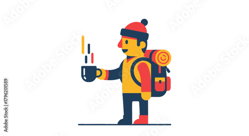 Adventurer With Backpack Enjoys A Hot Beverage Against A Black Background