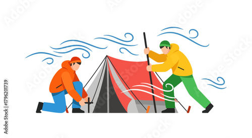 Adventurers Setting a Tent Together Symbolizing Endurance During Rocky Climates