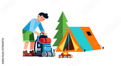 Adventurer Prepares Camping Gear With Tent And Fire, Concept Of Hiking Experience