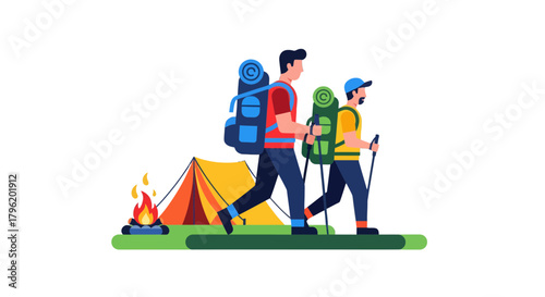 Adventurous Campers Ascend Toward Scenic Vantage Point Under Evening Sky