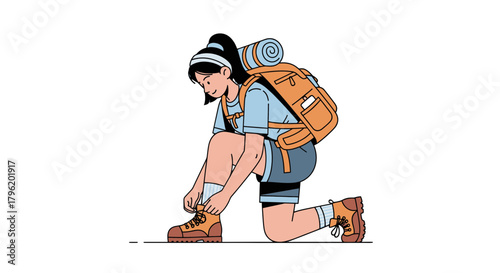 Adventurer Prepares For Trek: Artistic Illustration of A Hiker Kneeling and Tying Boots
