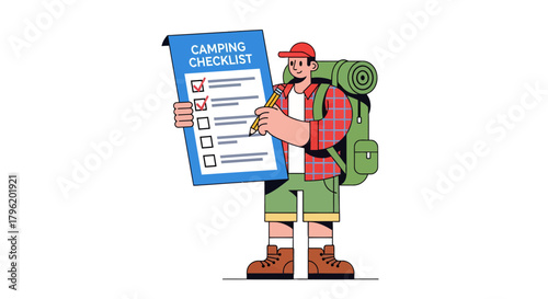 Adventurer Prepares For The Trip, Checking Items On Checklist Before Camping Adventure