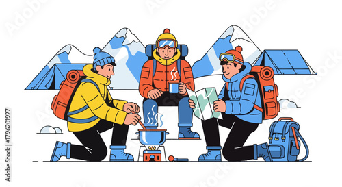 Adventurous Campers Cooking And Relaxing In A Snowy Mountainous Landscape