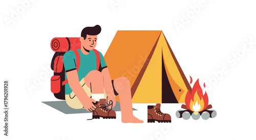 Adventurer Prepares For The Night Camp, Sitting Near The Campfire And Tent