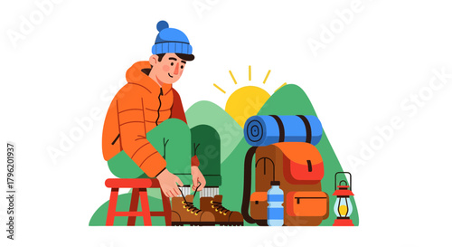 Adventurer Prepares For Trekking Amidst Nature's Morning Tranquility Under Warm Sun