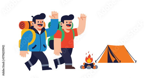 Adventurous Campers High Fiving Each Other Near A Tent And Cozy Campfire