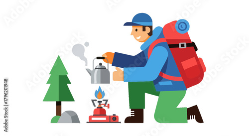 Adventurer Prepares Meal Over Camp Stove With Backpack And Forest Landscape Element