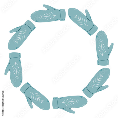 Simple vector illustration of cute blue knitted mittens arranged in a circular frame. Winter holiday design, Christmas decoration, isolated on white background, perfect for greeting cards and prints