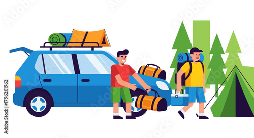 Adventurous Camping Preparation for Fun Weekend Away, Friends Readying for Venture Outdoors