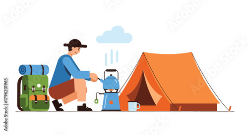 Adventurer Prepares Tea While Camping Next to Tent Under Rainy Sky