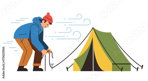 Adventurer Prepares Shelter Against Outdoorsy Wind and Weather While Camping