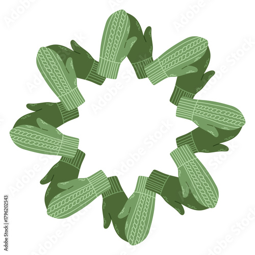 Simple vector illustration of cute green knitted mittens arranged in a circular frame. Winter holiday design, Christmas decoration, isolated on white background, perfect for greeting cards and prints