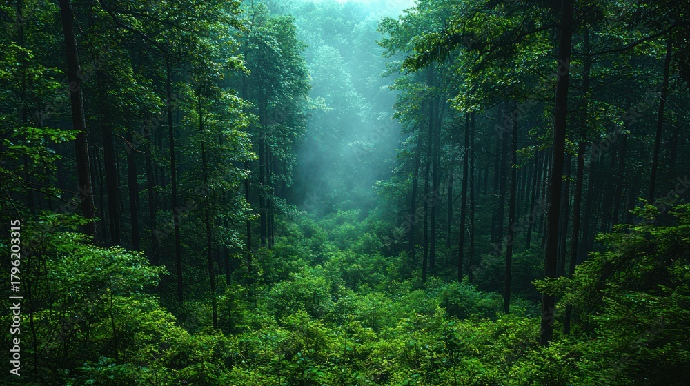 Obraz premium Misty green forest path.