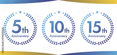 周年記念ロゴデザインセット 月桂樹｜Anniversary Logo Set（5th・10th・15th Blue Gradation Laurel Design）