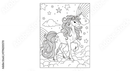 Black and White Unicorn Coloring Page with Stars Clouds and Rainbow for Children