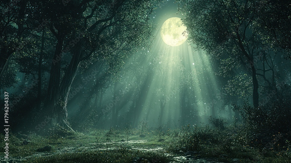 Fototapeta premium Moonlit forest path at night. (1)