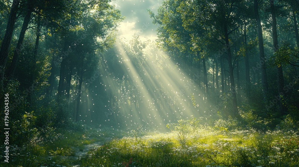 Fototapeta premium Sunbeams illuminate a magical forest path, dappled light on wildflowers and trees.