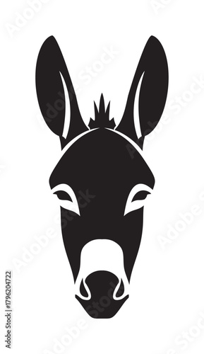 Donkey head vector, black silhouette, front view, stylized graphic, isolated on white — stock vector