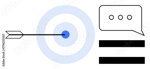 Arrow hitting a bullseye alongside a speech bubble and text lines. Ideal for concepts thumbs up precision, communication, marketing, strategy, focus, information sharing, simple flat metaphor