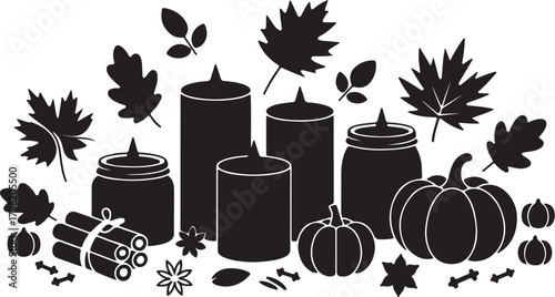 Autumn still life in silhouette with candles pumpkins and leaves on transparent