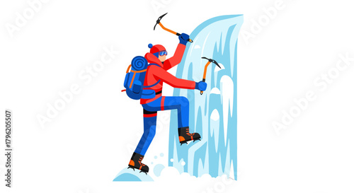 Adventurous Climber Ascends Icy Mountain Wall Against a Deep Black Background Scene