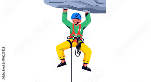 Adventurous Climber Ascends Rocky Wall with Protective Gear and Safety Harness