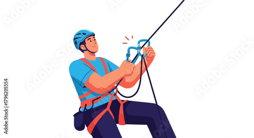 Adventurous Climber Attaching Carabiner With Safety Gear For Mountain Scaling