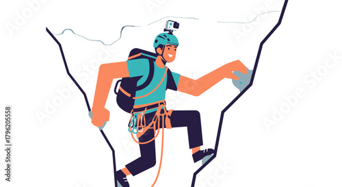 Adventurous Climber Ascends Rocky Terrain with Courage and a Camera on Headwear