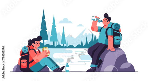 Adventurous Duo Enjoying Lunch and Refreshments Amidst Remote Mountain Wilderness Exploration