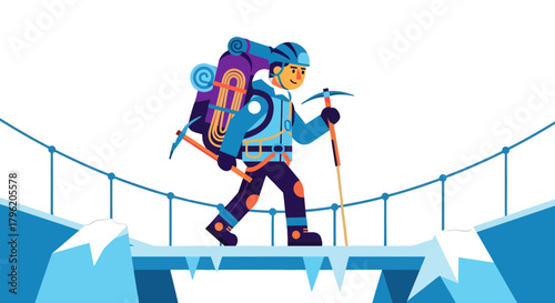 Adventurous Climber Crossing Icy Bridge Against a Dark Background Illustration